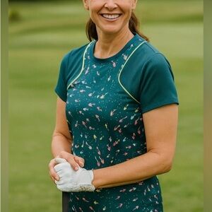 PGA TOUR APPAREL Allover Koi Fish Teal Short Sleeve Top, Womens size Small